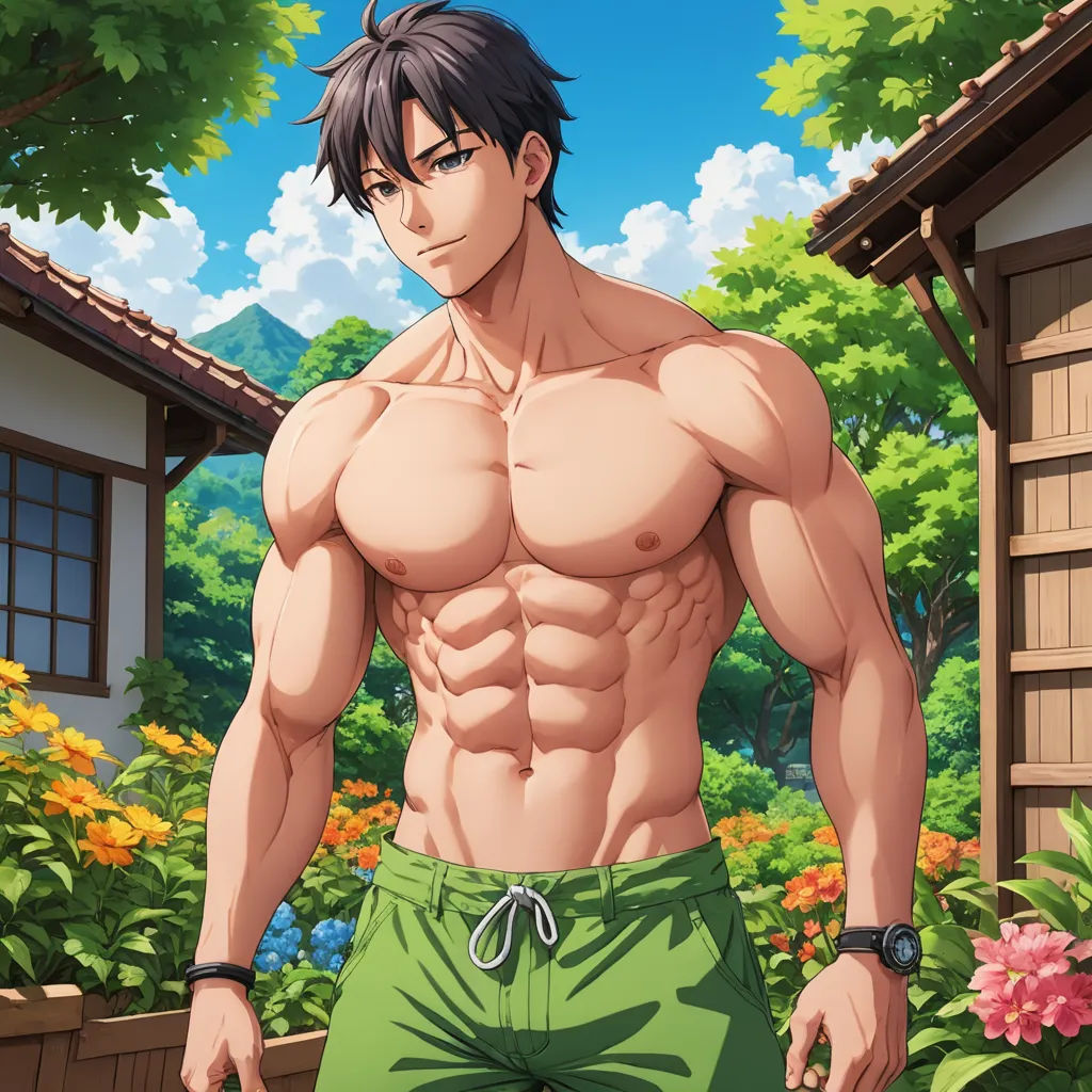 a man with a muscular body standing in front of a house and flowers in the background, with a house in the background, sots art, a character portrait, Adam Manyoki, muscular
