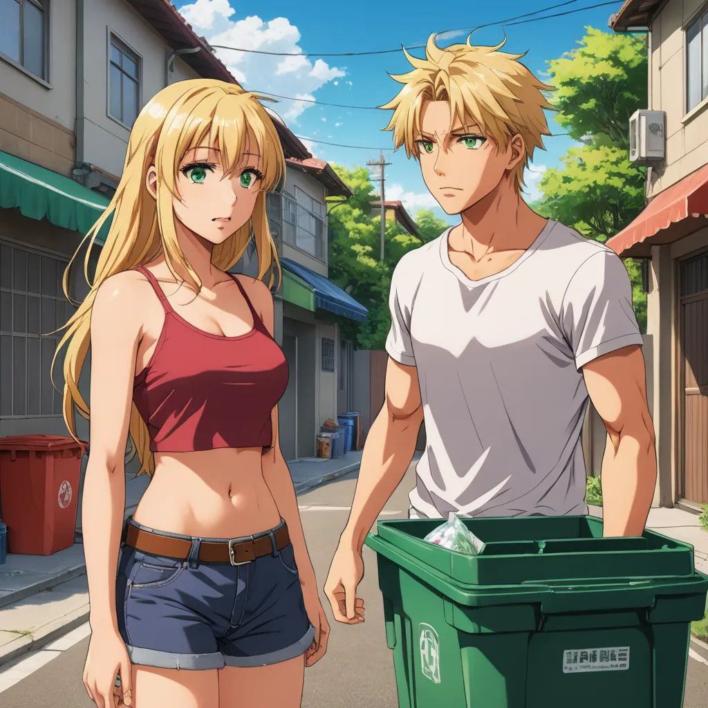 a man and a woman standing next to a trash can in a street with buildings in the background and a green trash can in the foreground, remodernism, a stock photo, Ai-Mitsu, official art