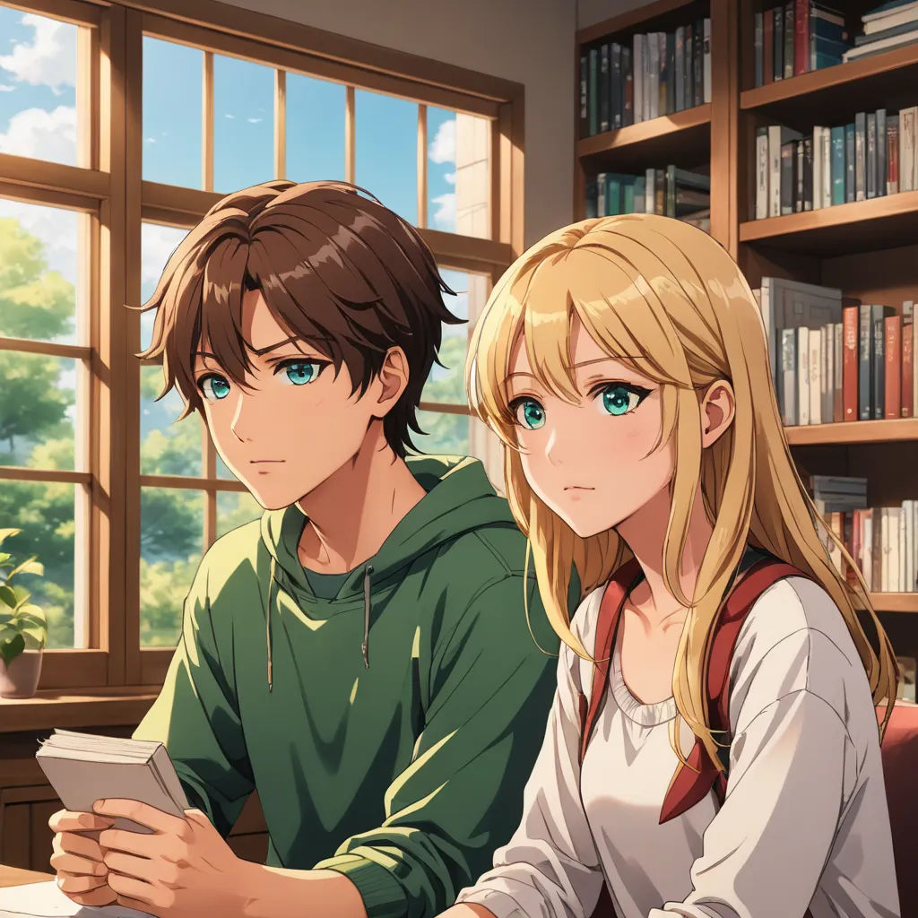 a couple of people sitting at a table in front of a window with a bookcase behind them and a book, remodernism, a stock photo, Anne Said, official art
