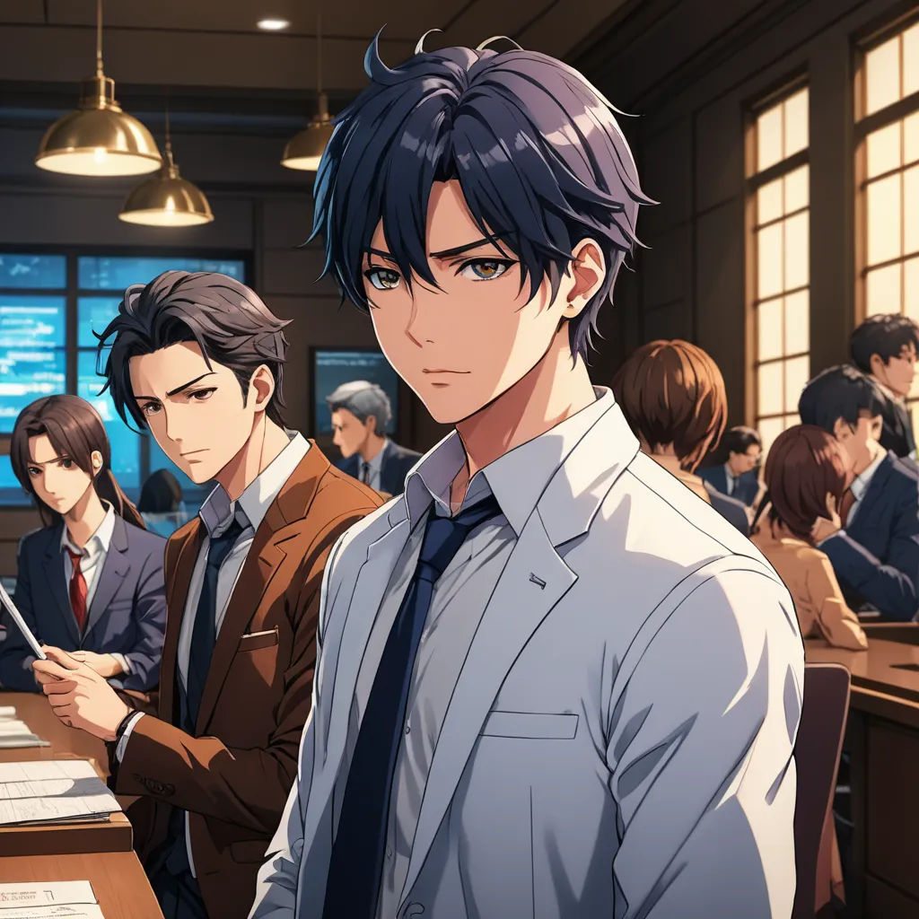 a group of people sitting at a table in a room with a phone in their hand and a man in a suit, remodernism, a stock photo, Ai-Mitsu, official art