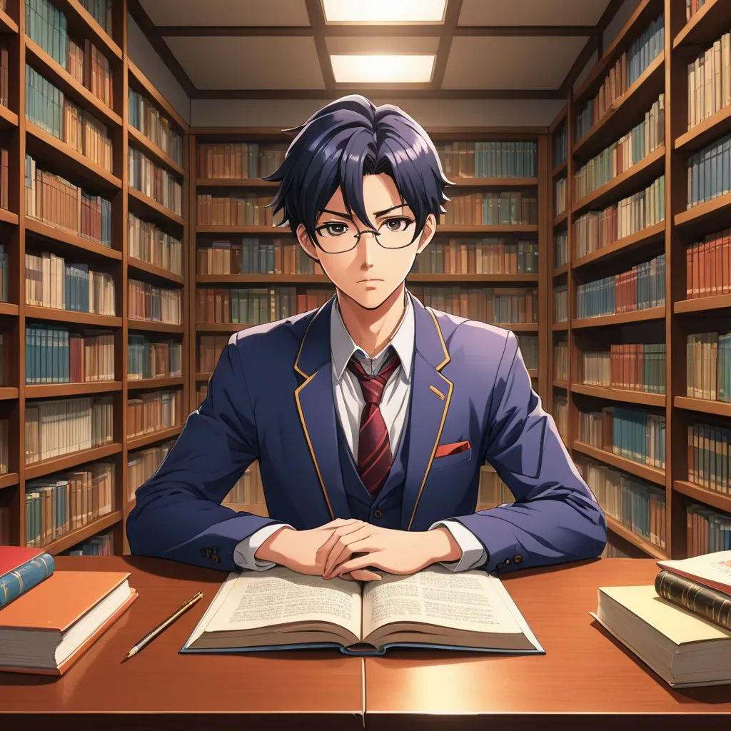 a man sitting at a desk with a book in front of him and a book in front of him, remodernism, a character portrait, Awataguchi Takamitsu, official art