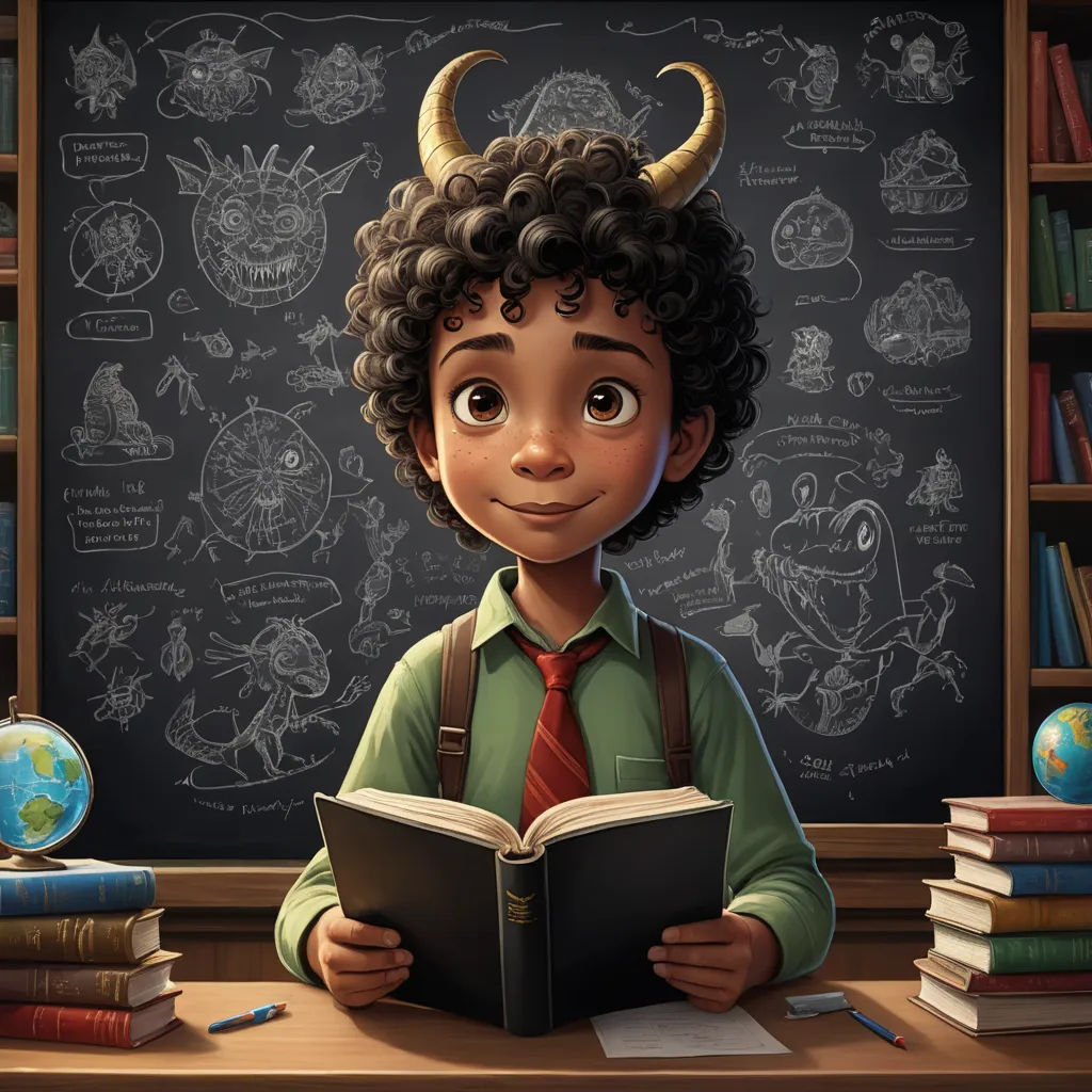 a young boy is reading a book in front of a chalkboard with drawings on it and a globe, fantasy art, a character portrait, Chris LaBrooy, character portrait