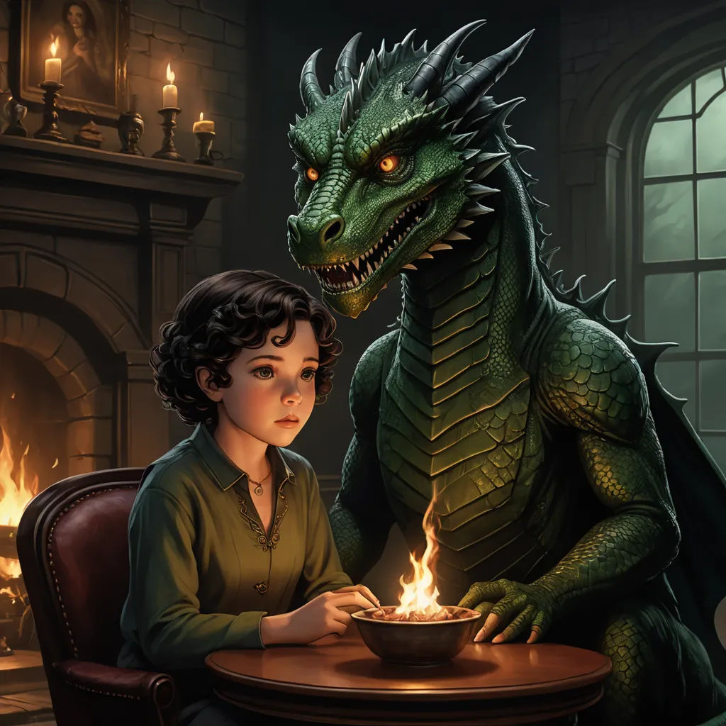 a young girl sitting at a table with a dragon next to her and a bowl of food in front of her, fantasy art, a storybook illustration, Clint Cearley, storybook illustration
