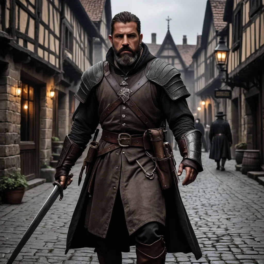 a man in a medieval outfit walking down a street with a sword in his hand and a helmet on, antipodeans, a character portrait, Dirk Crabeth, promotional image
