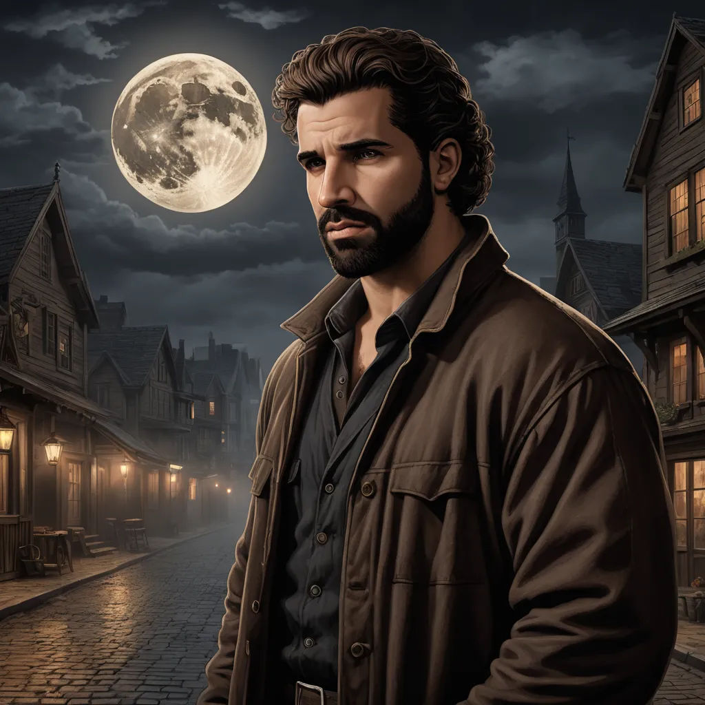 a man standing in front of a full moon in a city street at night with a full moon in the sky, fantasy art, a character portrait, Cedric Seaut (Keos Masons), promotional image