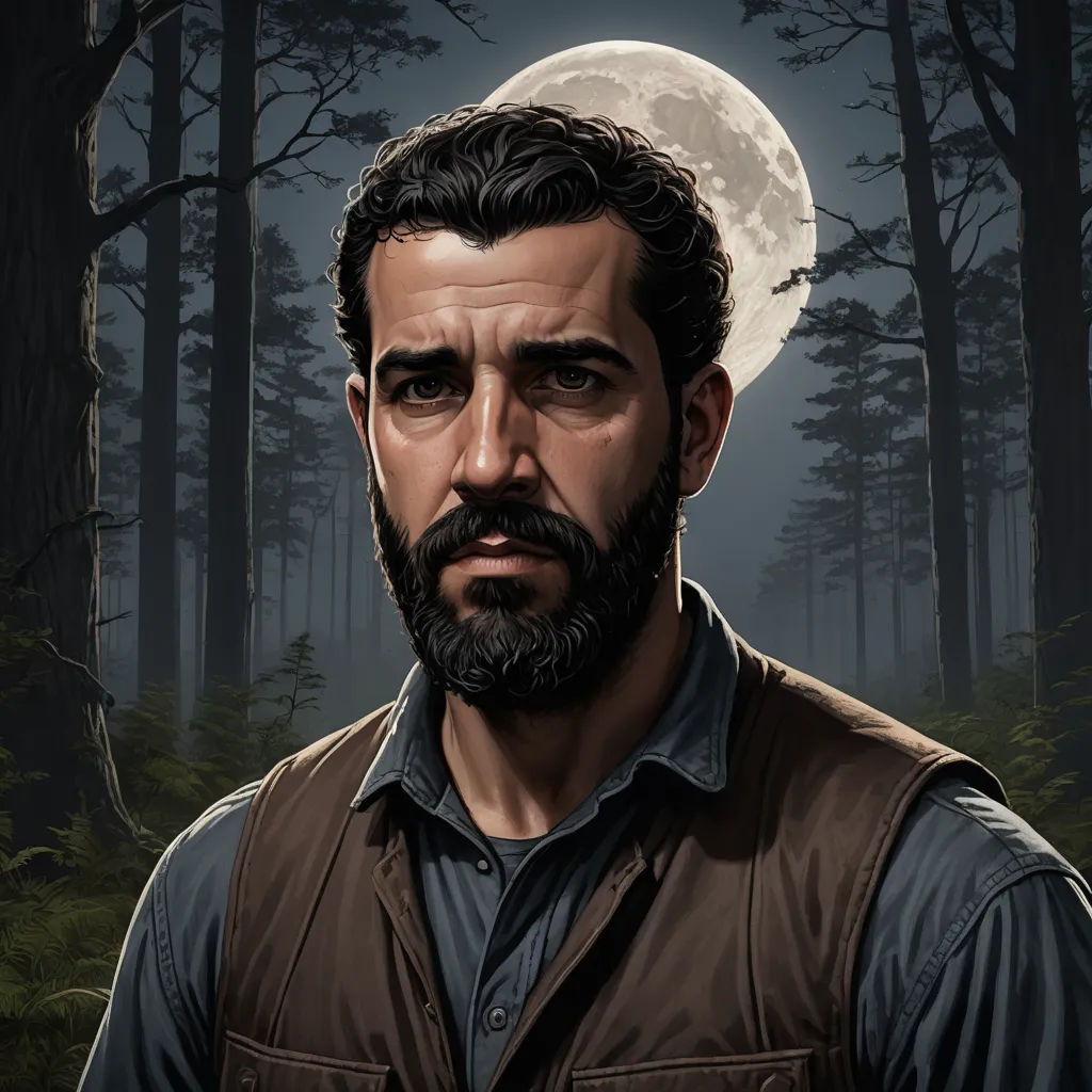 a man with a beard and a beard standing in a forest with a full moon in the background and trees, sots art, a character portrait, Edward Otho Cresap Ord, II, character portrait