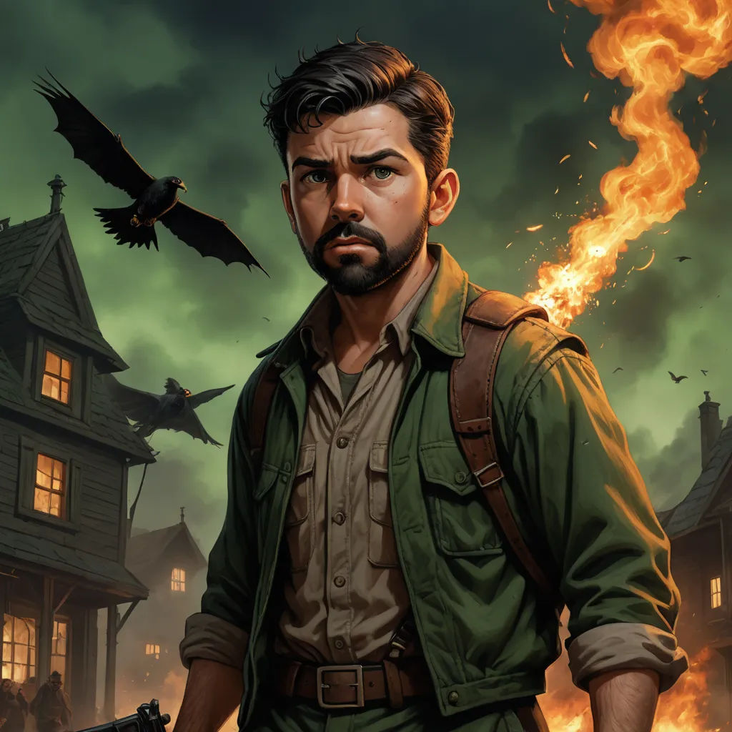 a man with a gun in front of a house on fire with a bird flying overhead and a bird flying overhead, altermodern, a character portrait, Aaron Jasinski, magic the gathering artwork