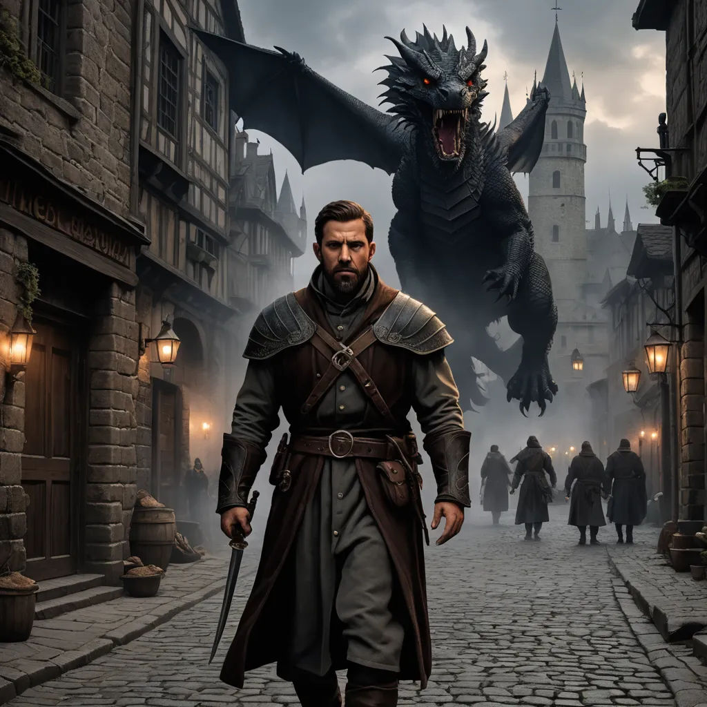a man in a medieval outfit walking down a street with a dragon in the background and a castle in the background, antipodeans, poster art, Avgust Černigoj, promotional image