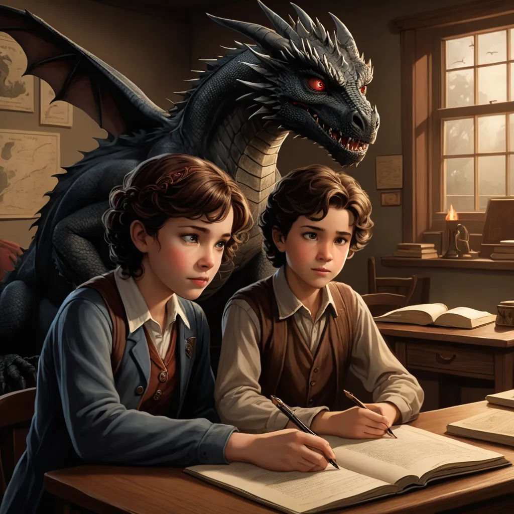 a couple of kids sitting at a desk with a dragon in the background and a book in front of them, fantasy art, a storybook illustration, Diego Gisbert Llorens, storybook illustration