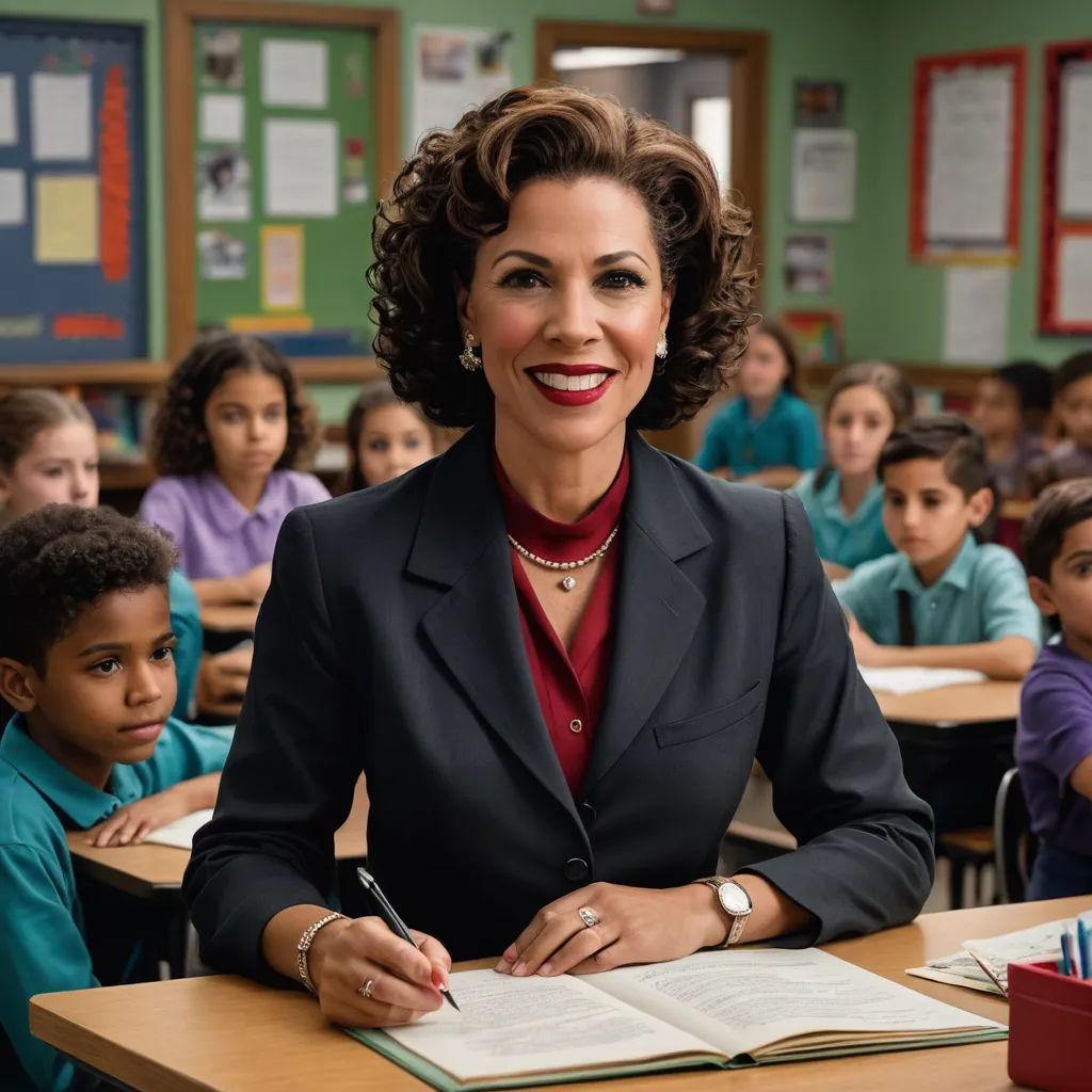a woman sitting at a desk in front of a group of children in a classroom with a book and pen, northwest school, a character portrait, Constance Gordon-Cumming, promotional image