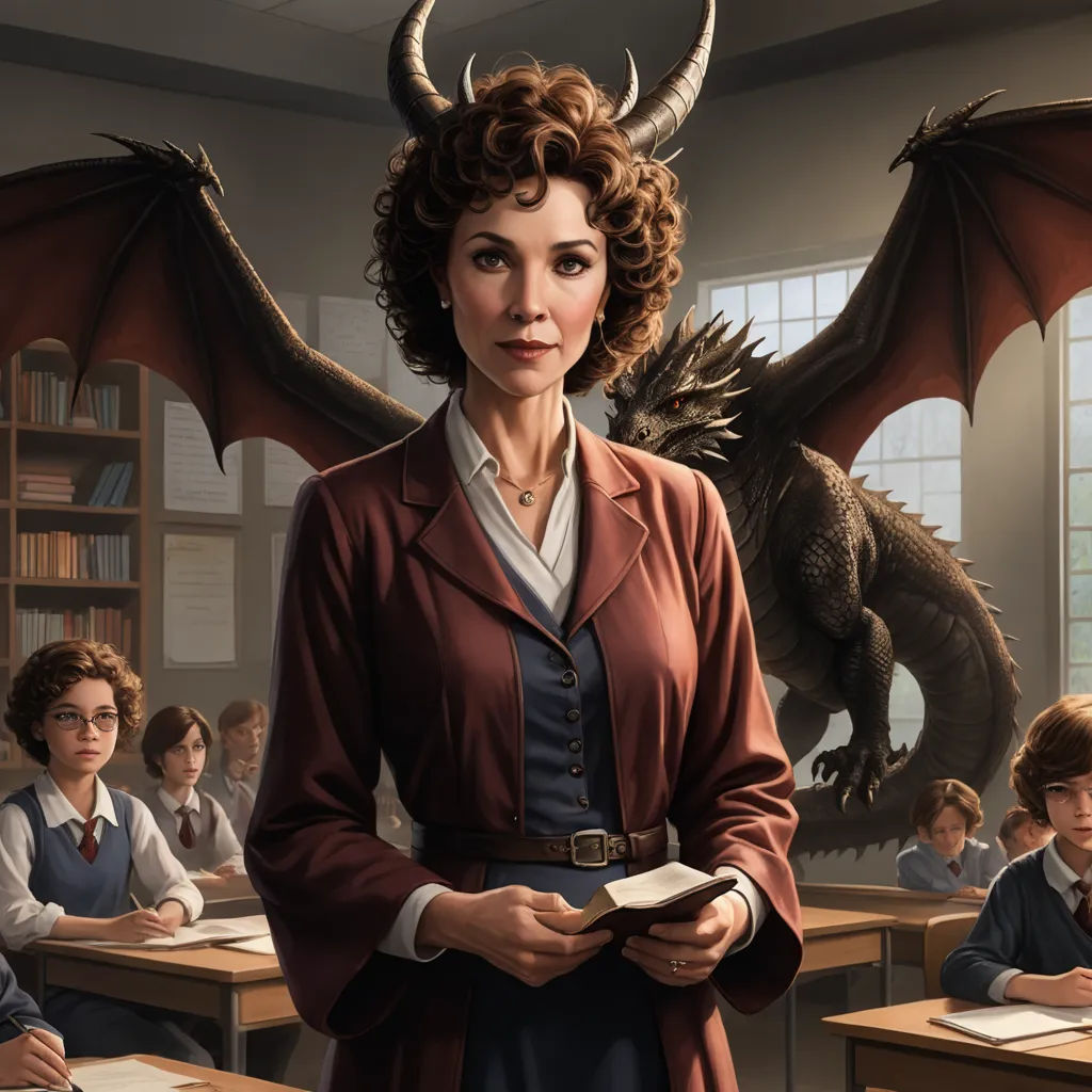 a woman standing in front of a desk with a dragon on it's head and a book in her hand, sots art, concept art, Ada Gladys Killins, dragon art