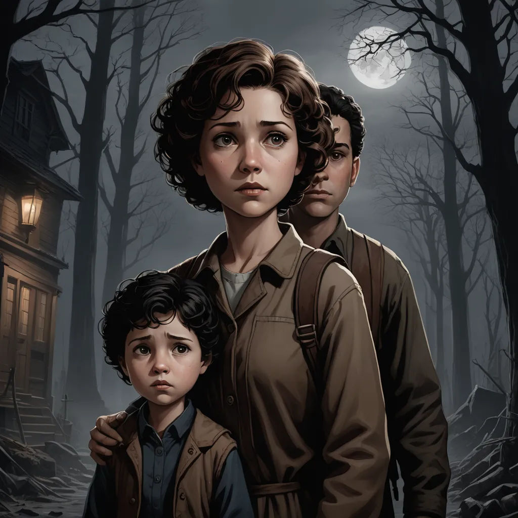 a painting of a family standing in front of a house at night with a full moon in the background, sots art, poster art, Clark Voorhees, key art