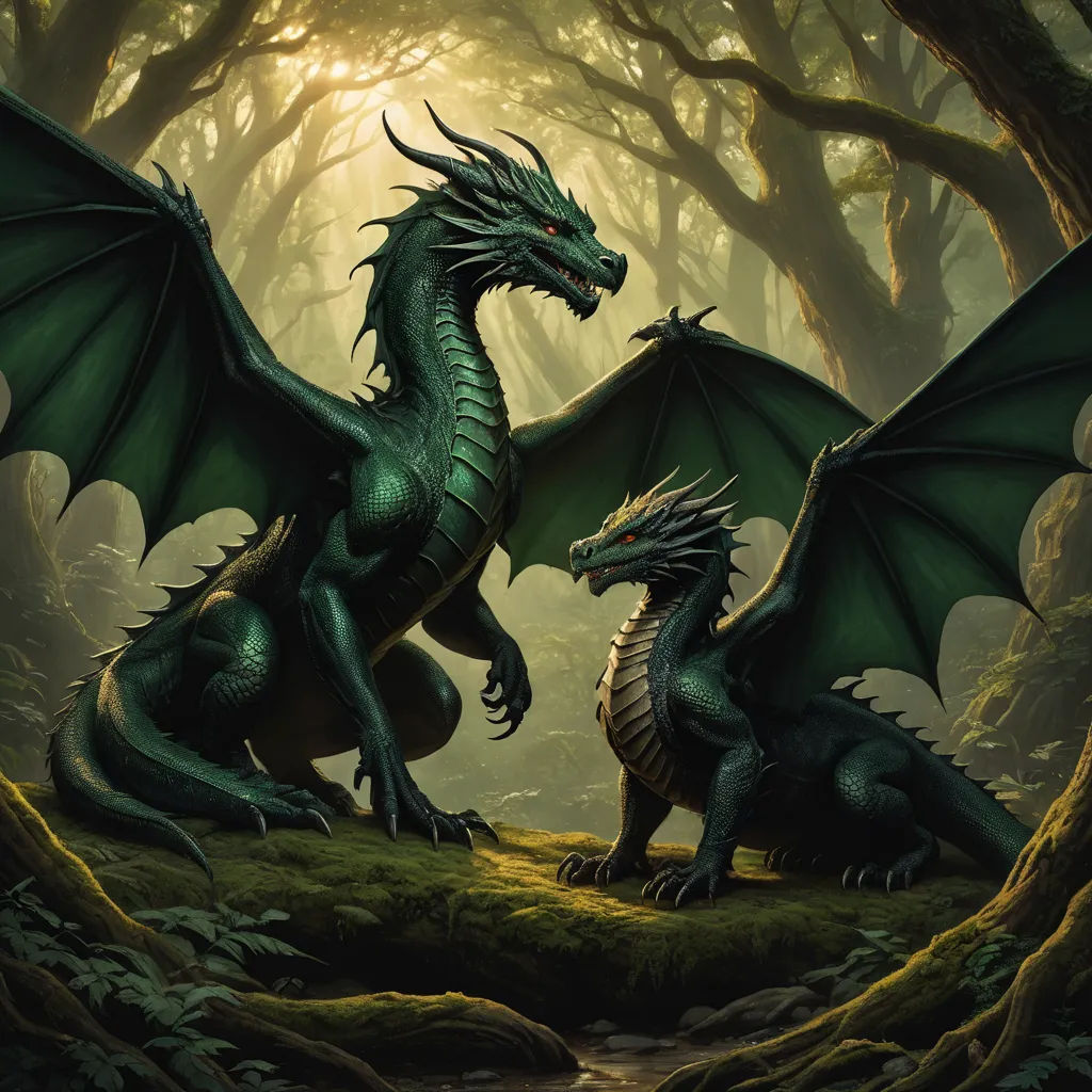 two green dragon statues in a forest setting with trees and grass in the background, one of them is facing the other, fantasy art, a storybook illustration, Anne Stokes, dragon art