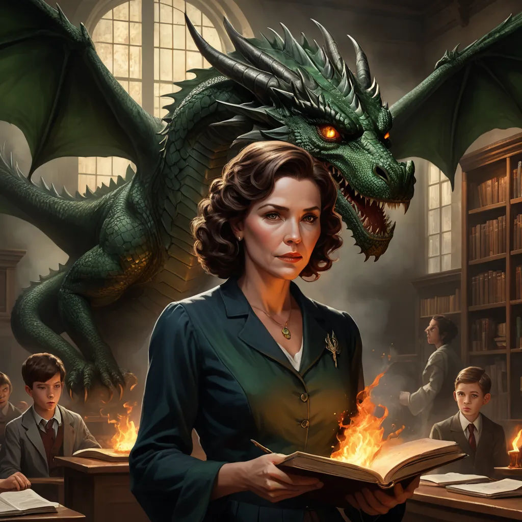 a woman holding a book in front of a dragon on fire in a library with other people in the background, fantasy art, concept art, F. Scott Hess, dragon art