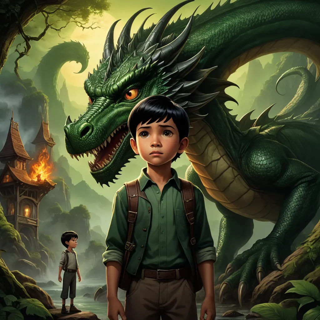 a boy and a dragon in a fantasy setting with a boy standing next to him and a boy standing next to him, fantasy art, a storybook illustration, Aaron Jasinski, storybook illustration