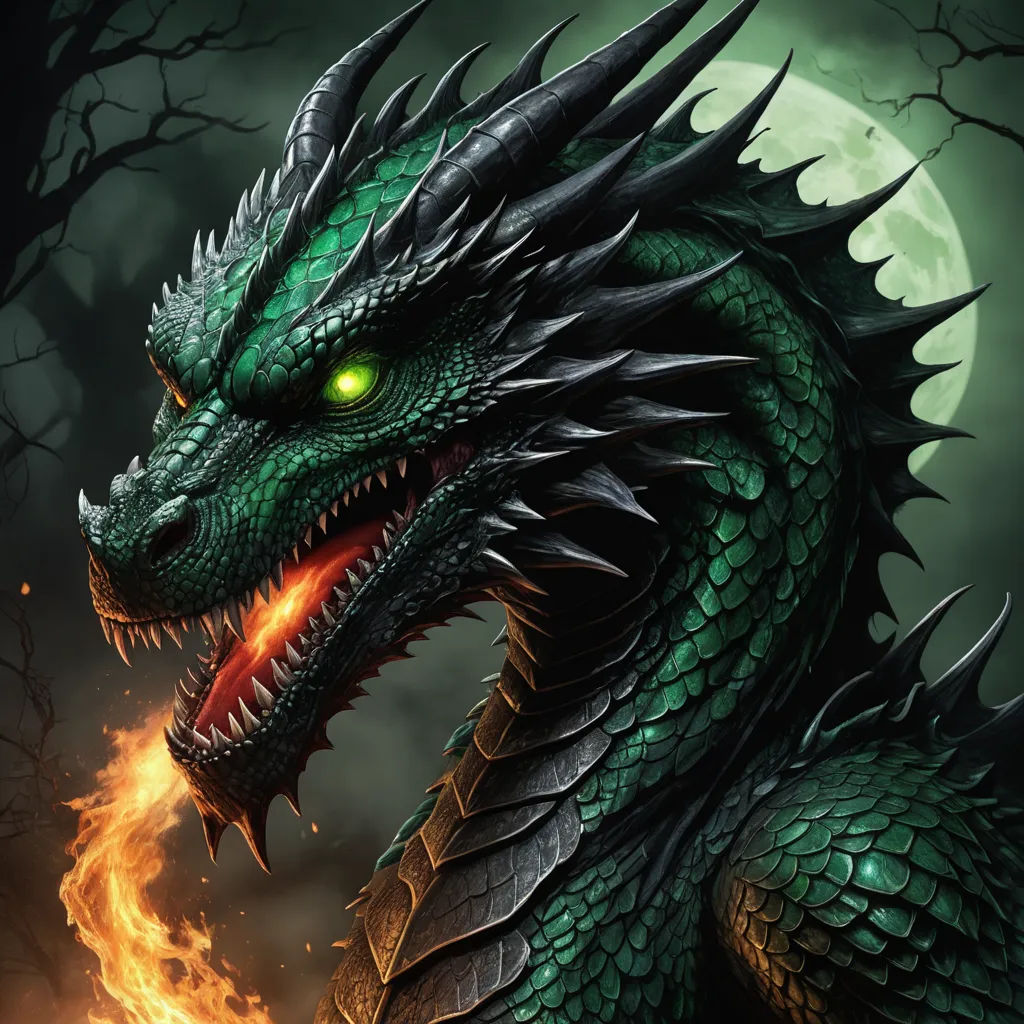 a green dragon with glowing eyes and a glowing tail is in front of a full moon and a tree, fantasy art, an airbrush painting, Anne Stokes, dragon art