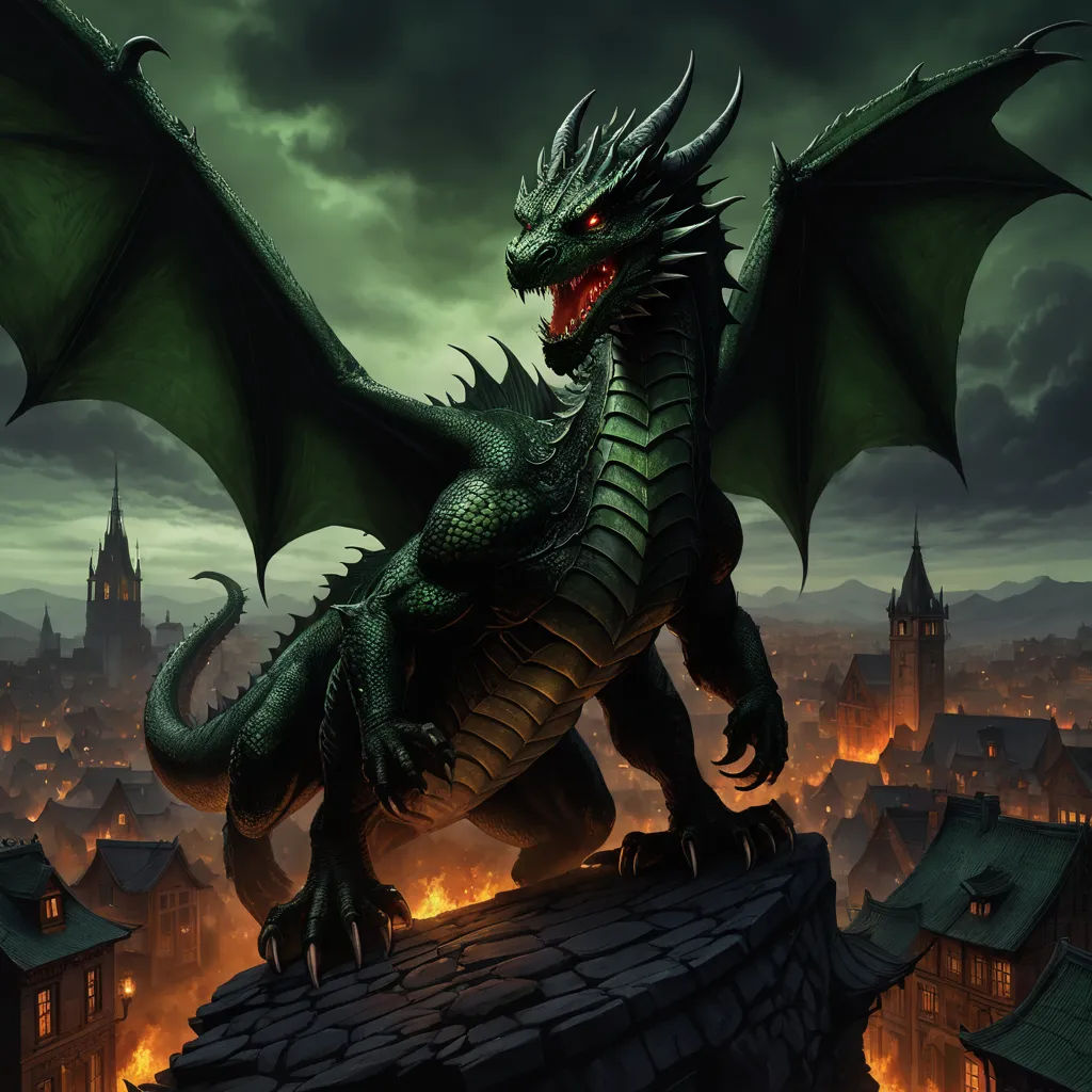 a dragon on a roof with a city in the background at night time with a full moon in the sky, fantasy art, a detailed matte painting, Anne Stokes, dragon art