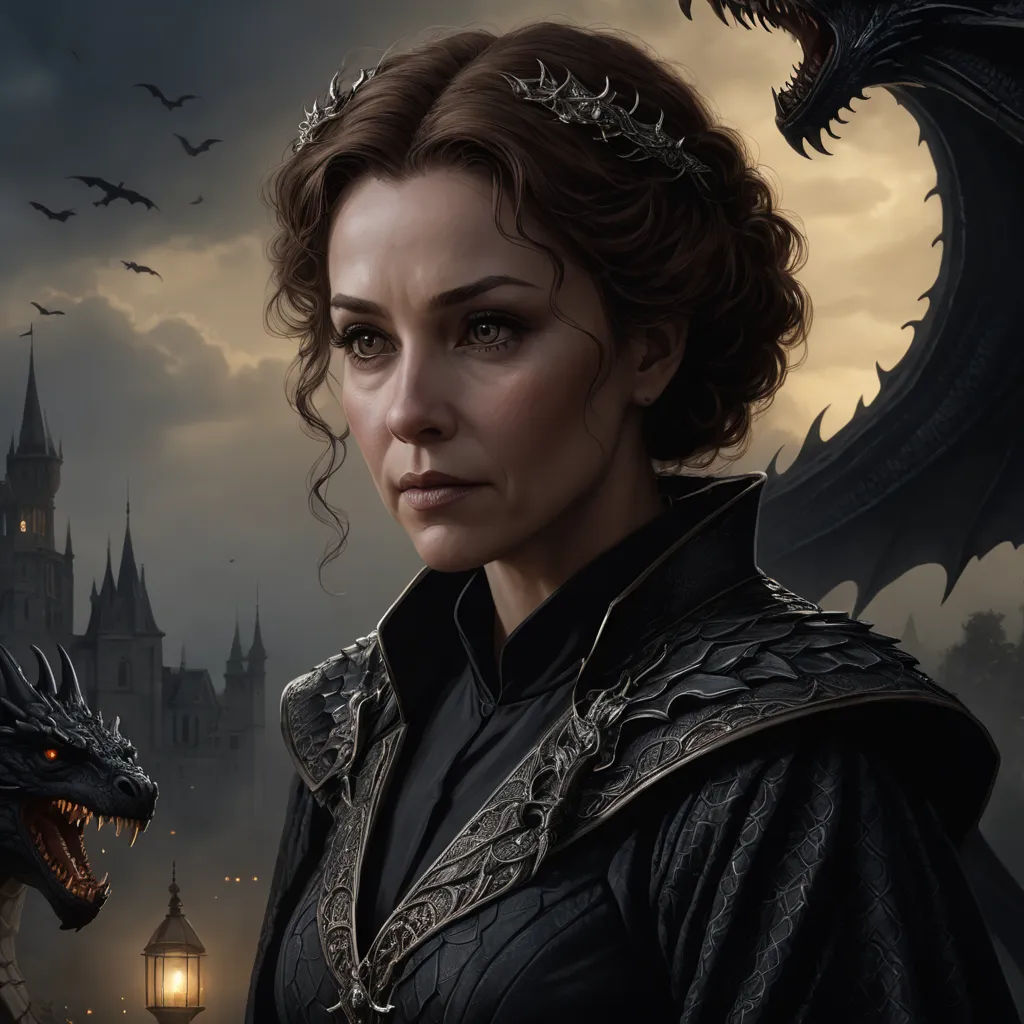 a woman in a black dress and a dragon in front of a castle with a lantern in her hand, gothic art, a detailed painting, Clint Cearley, epic fantasy character art