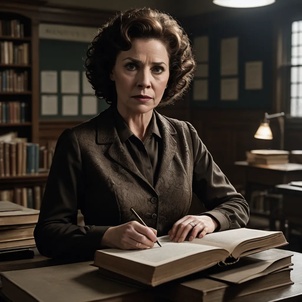 a woman sitting at a desk with a book and pen in her hand and a book in front of her, private press, a character portrait, Ada Gladys Killins, promotional image