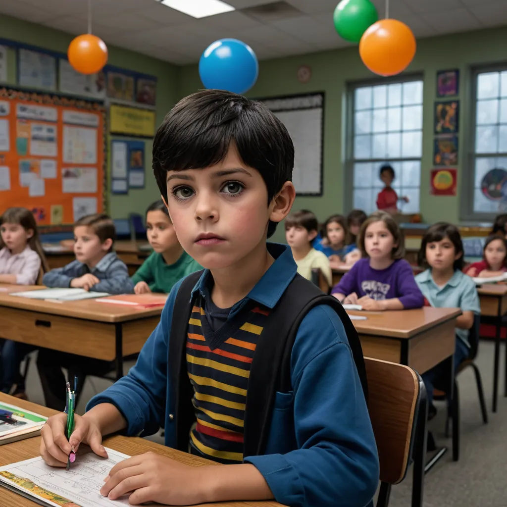 a boy sitting at a desk with a pen and paper in front of him and a bunch of balloons hanging above him, northwest school, a stock photo, Anthony Angarola, promotional image