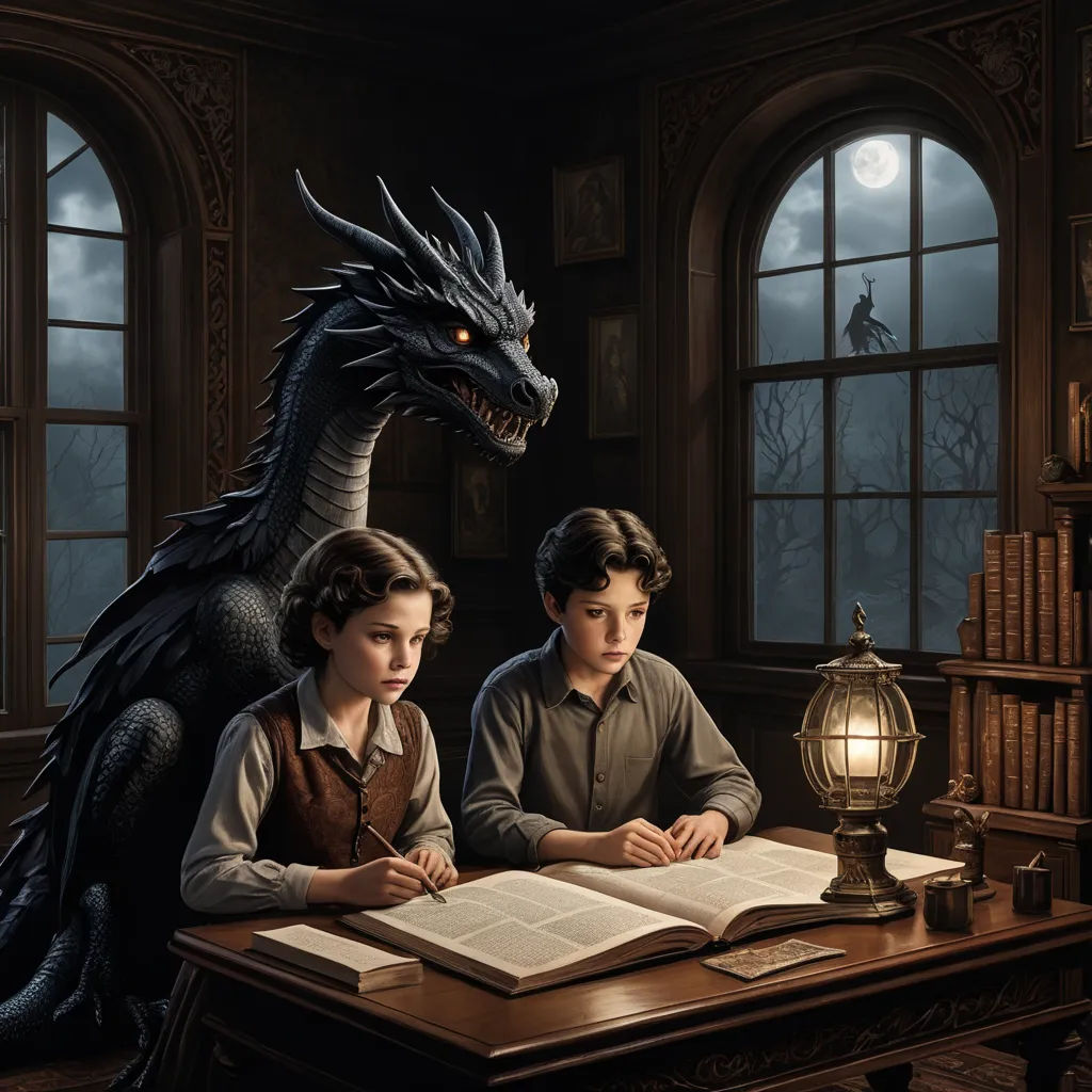 a boy and a girl are sitting at a desk with a dragon on it and a book in front of them, fantasy art, a storybook illustration, Diego Gisbert Llorens, storybook illustration