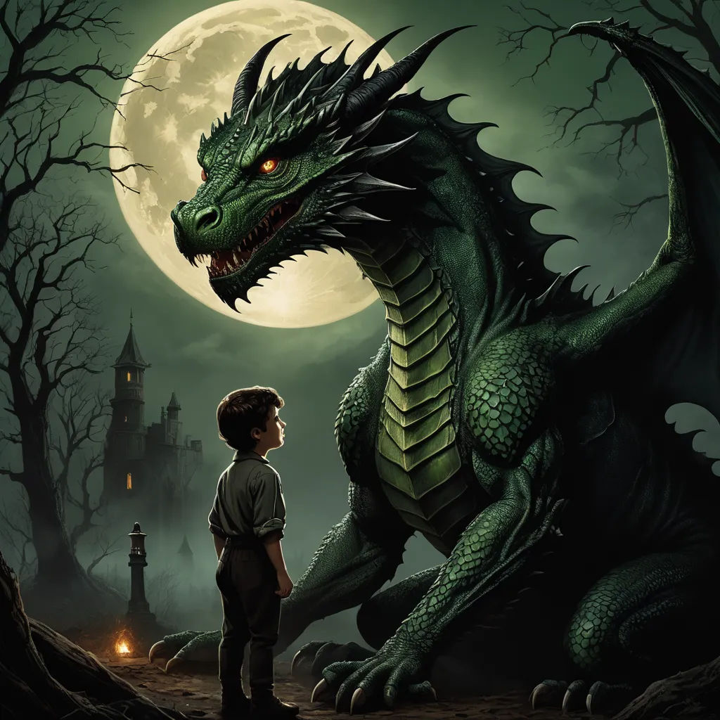 a boy standing next to a dragon in front of a full moon sky with a castle in the background, fantasy art, a storybook illustration, Diego Gisbert Llorens, dragon art