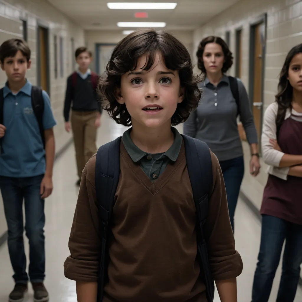 a group of people walking down a hallway next to each other in a hallway with a boy in a brown shirt, northwest school, a poster, Felix-Kelly, promotional image