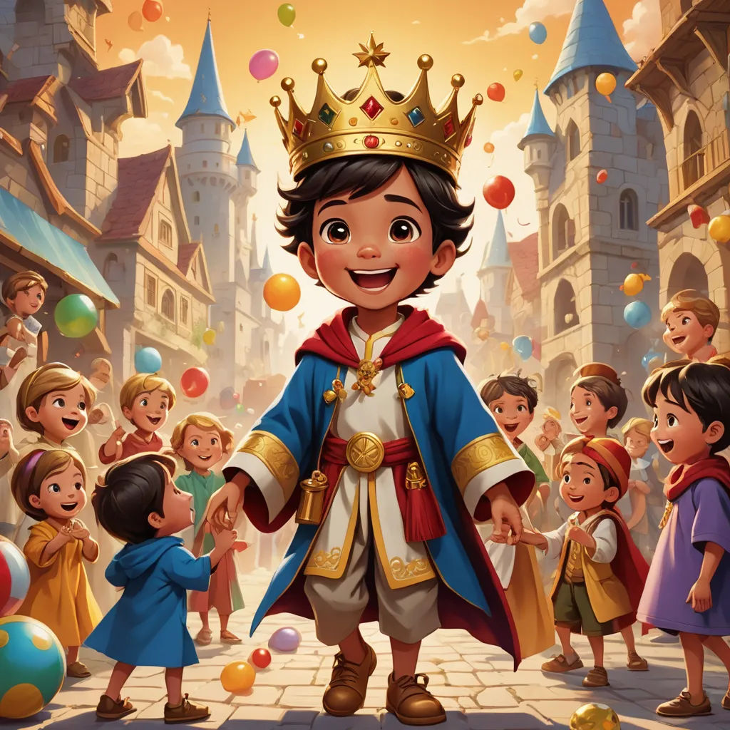 a cartoon character is surrounded by children in a street with balloons and a castle in the background, with a crown on his head, sots art, a storybook illustration, Chris LaBrooy, official art
