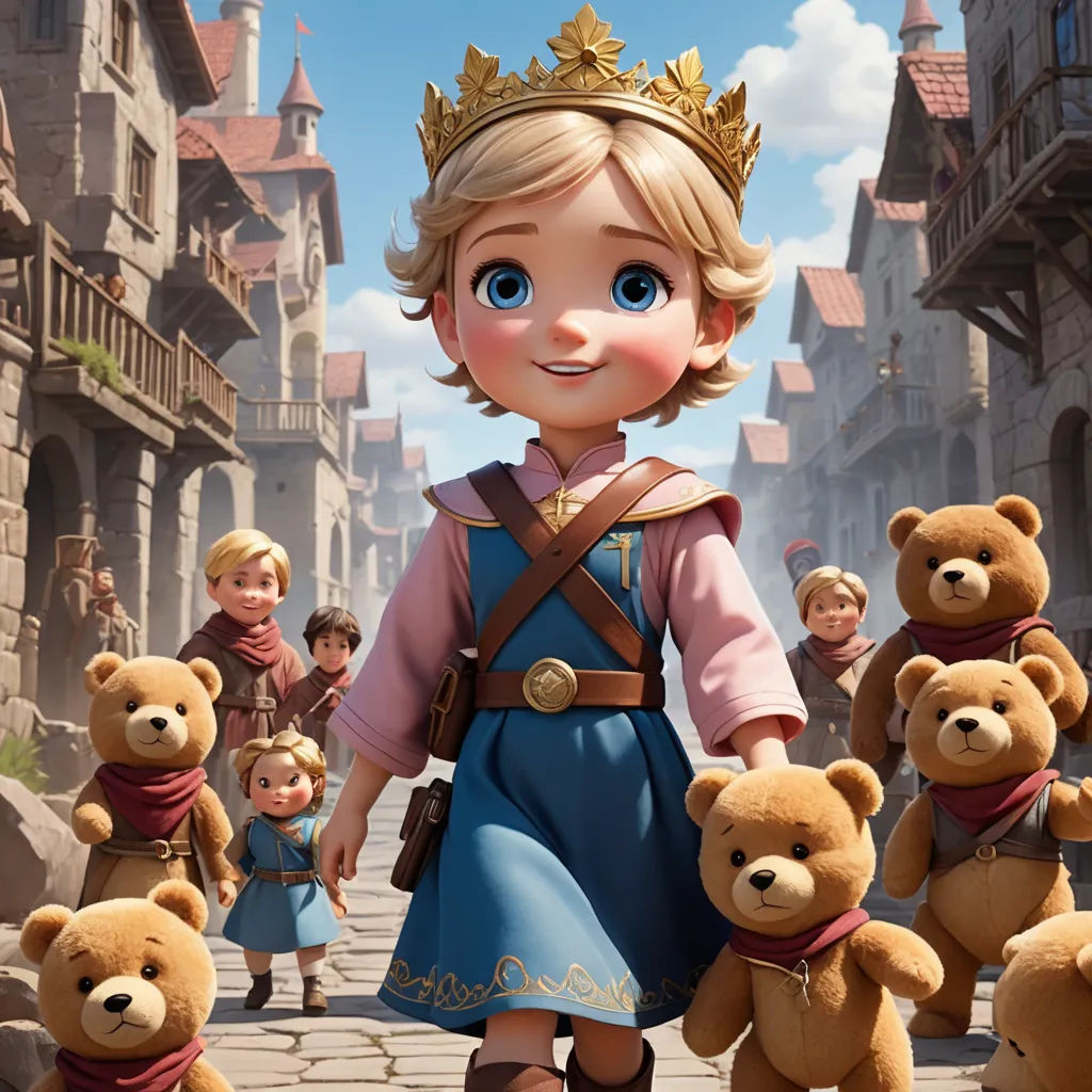 a cartoon character is surrounded by teddy bears in a street scene with a castle in the background and a little girl in a blue dress, sots art, concept art, disney, promotional image