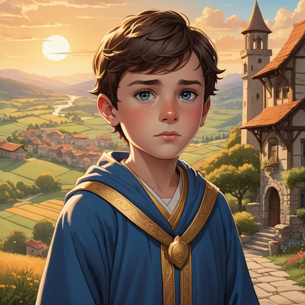a boy in a blue shirt standing in front of a castle with a sunset in the background and a castle in the background, fantasy art, a character portrait, Brothers Hildebrandt, kinkade