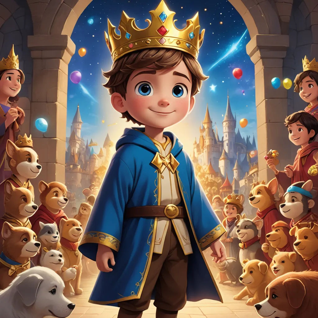 a cartoon character in a blue robe and crown surrounded by dogs and cats in a castle like setting with a doorway, sots art, a storybook illustration, Altoon Sultan, key art