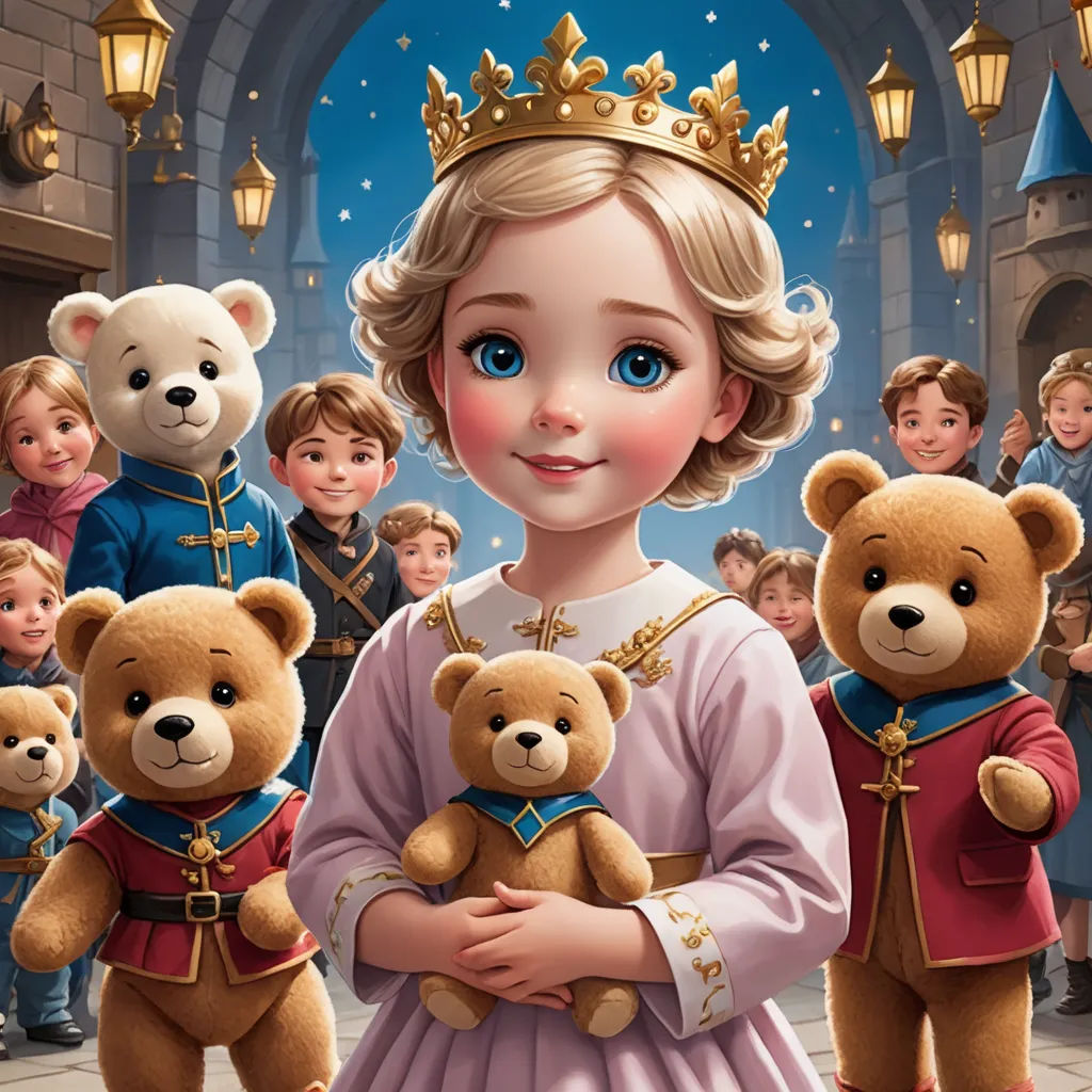 a little girl standing in front of a group of teddy bears wearing princess costumes and holding a teddy bear, sots art, a storybook illustration, disney, kinkade