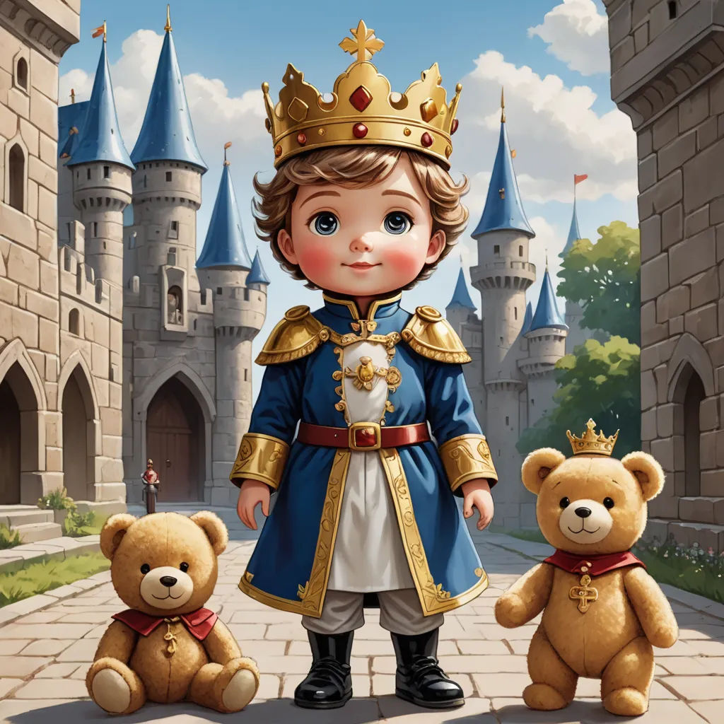 a little boy in a blue dress and a crown standing next to two teddy bears in front of a castle, sots art, a storybook illustration, Chris LaBrooy, official art
