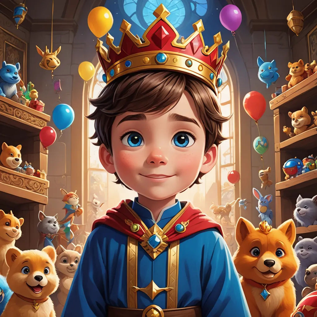 a boy in a blue shirt and a crown surrounded by stuffed animals and balloons in a library with a window, sots art, a storybook illustration, Charles Bird King, official art