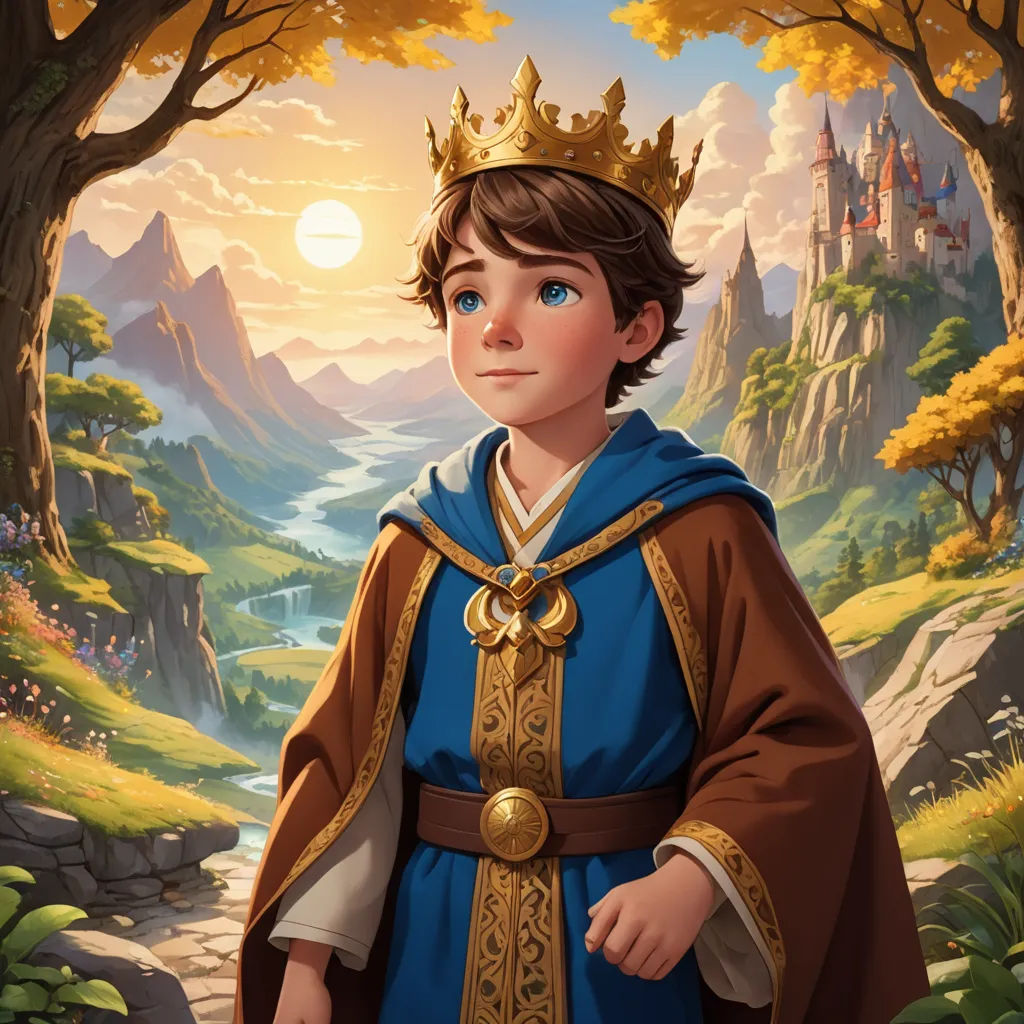a boy in a blue and gold outfit standing in a forest with a castle in the background and a sun setting, fantasy art, a storybook illustration, Brothers Hildebrandt, storybook illustration