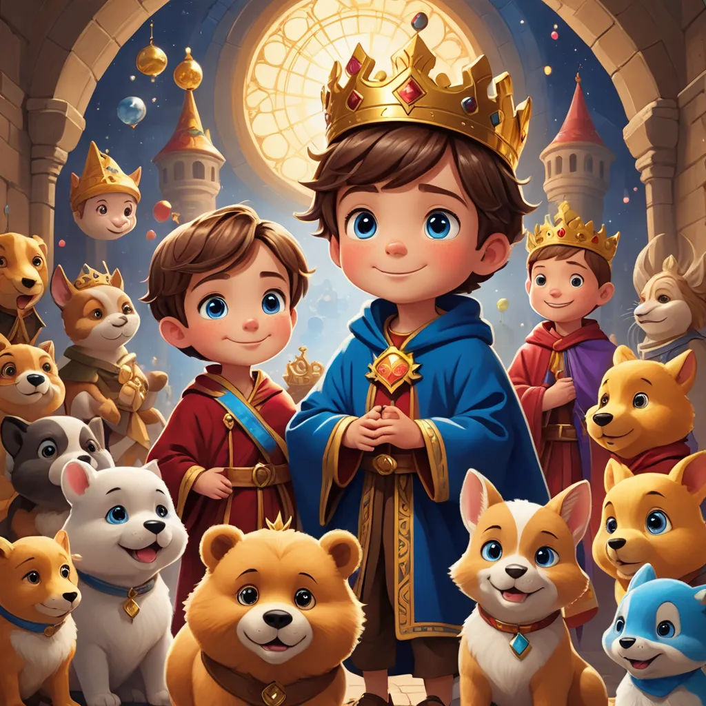 a cartoon character surrounded by dogs and cats in a castle setting with a king in the background and a crown on his head, sots art, a storybook illustration, disney, key art