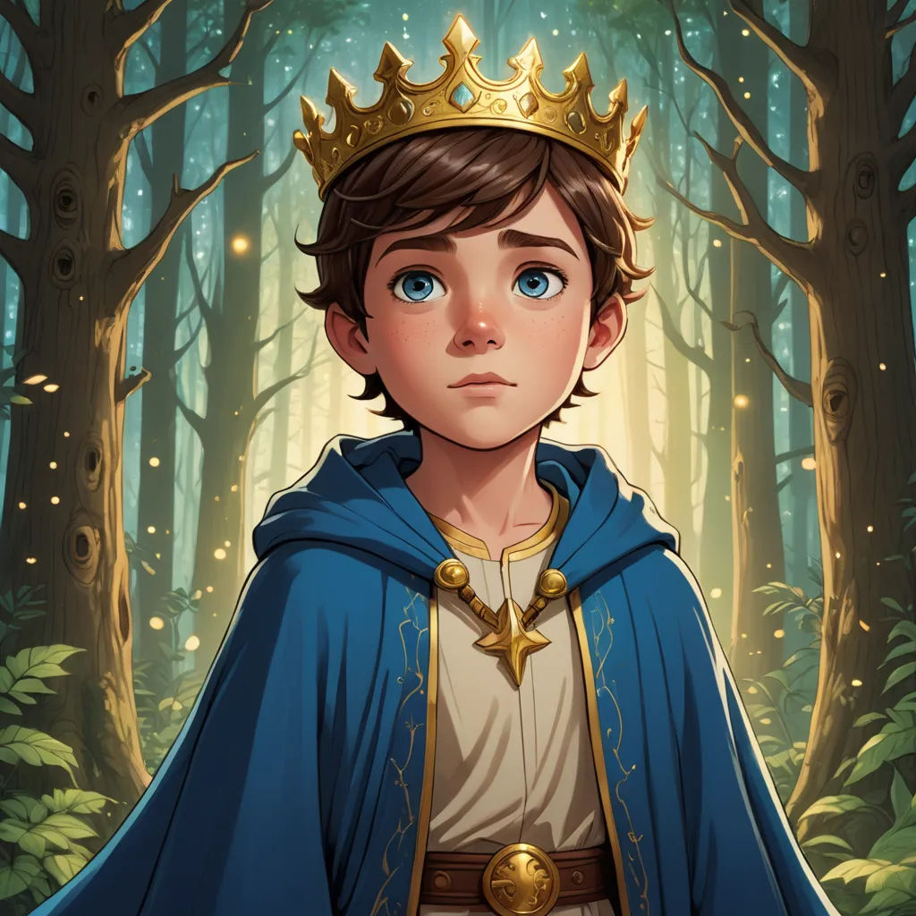 a young boy in a blue cape and a gold crown in a forest with trees and lights behind him, fantasy art, a storybook illustration, Diego Gisbert Llorens, rossdraws global illumination