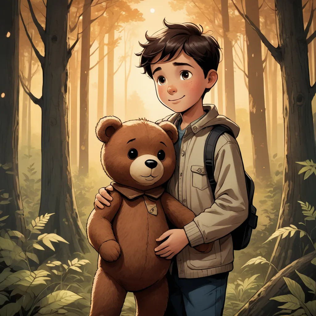 a boy holding a teddy bear in a forest with trees and leaves on the ground and a light shining on the ground, sots art, a character portrait, Diego Gisbert Llorens, official art