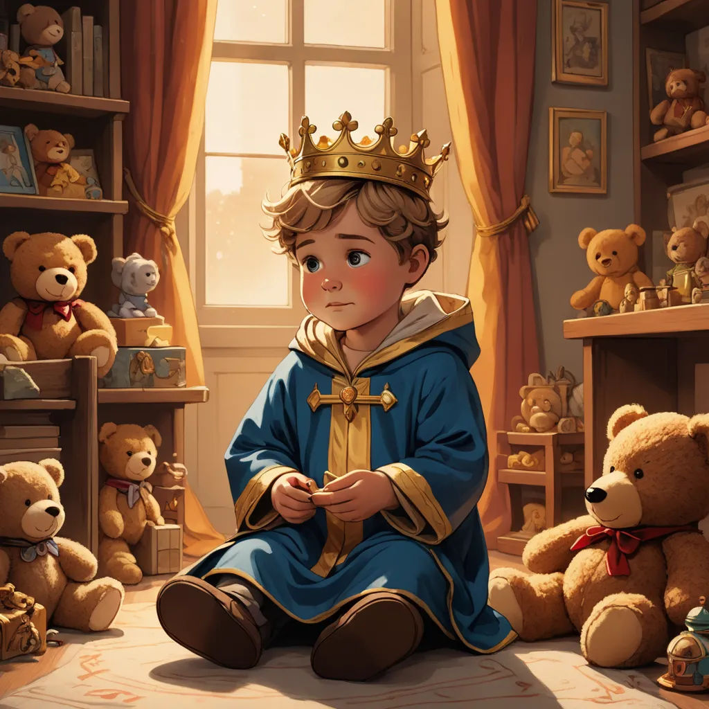 a little boy dressed in a blue robe and a crown sits in a room with teddy bears and a window, fantasy art, a storybook illustration, Diego Gisbert Llorens, storybook illustration