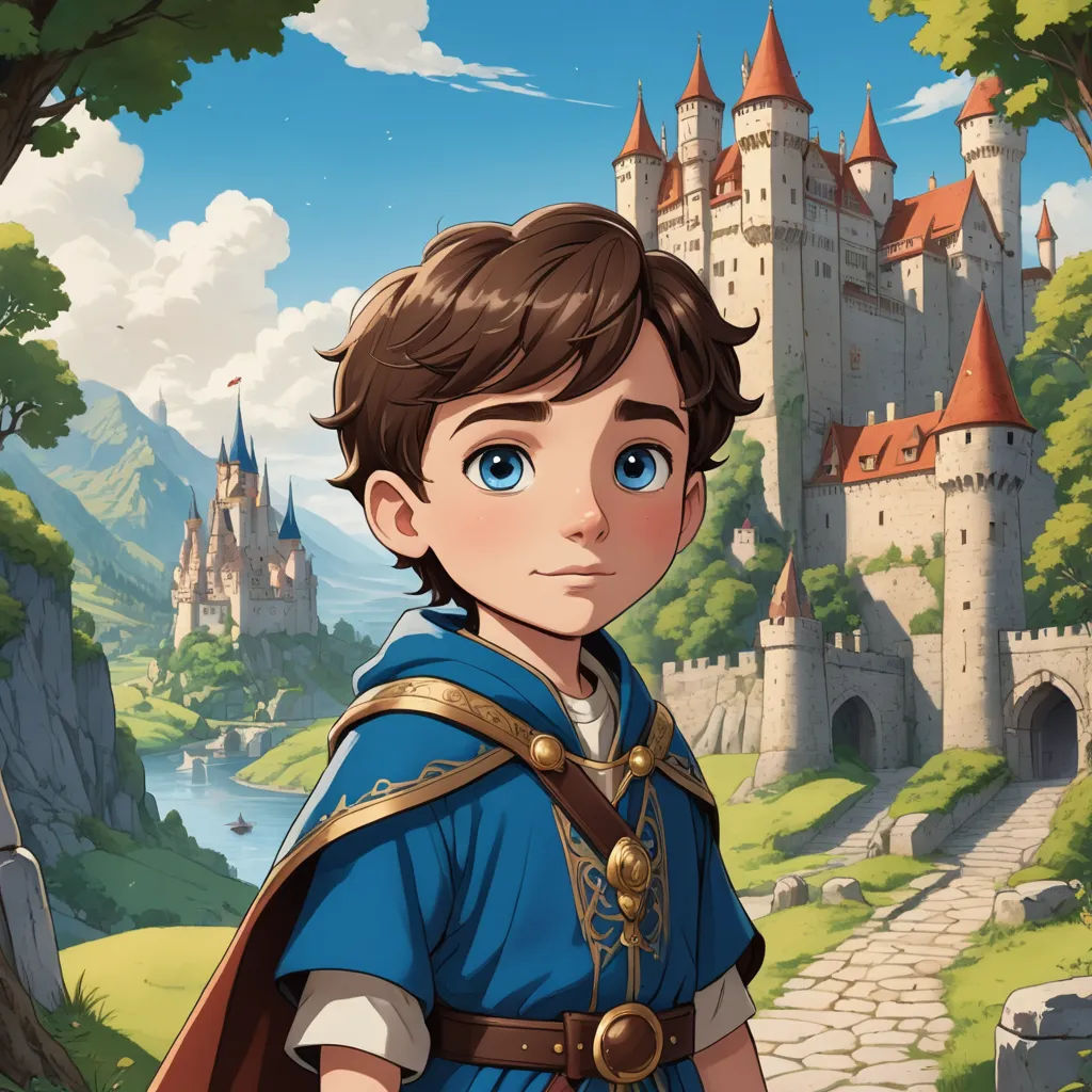 a boy in a blue dress standing in front of a castle with a red roof and a red flag, sots art, concept art, Cliff Childs, official art