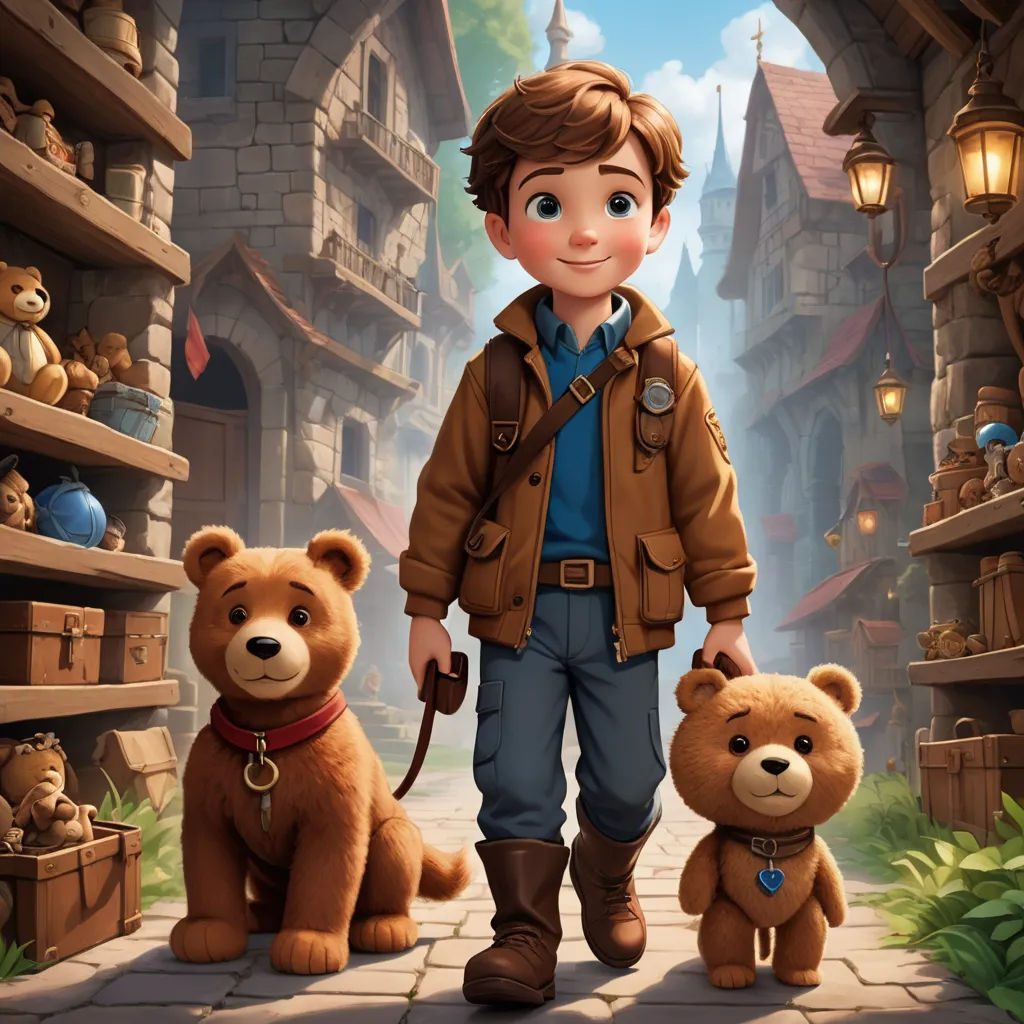 a boy standing next to two teddy bears in a cartoon style scene with a castle in the background and a boy holding a leash, furry art, a storybook illustration, Chris LaBrooy, kinkade