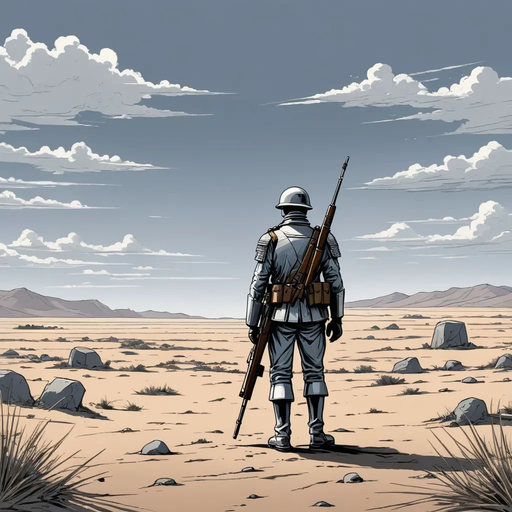 a man in a desert with a rifle and a gun in his hand, standing in the desert with rocks and boulders, serial art, an ambient occlusion render, Farel Dalrymple, comic cover art