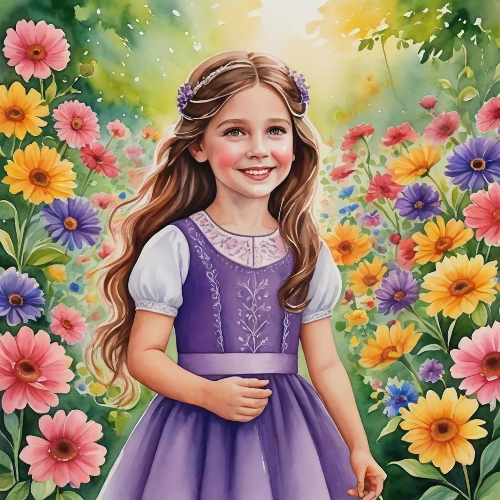 a painting of a girl in a purple dress standing in a field of flowers with daisies and daisies, naive art, a detailed painting, Elinor Proby Adams, detailed painting