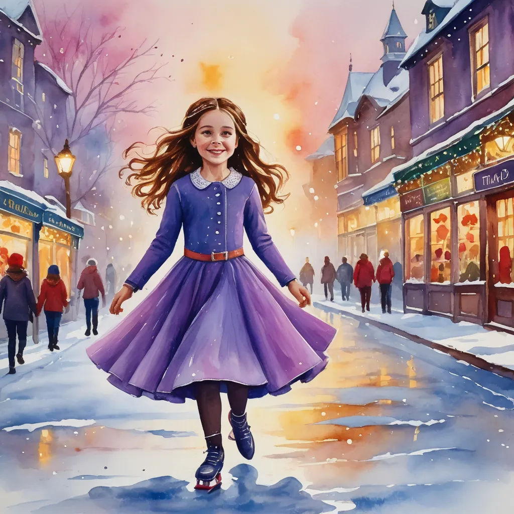 a painting of a girl in a purple dress walking down a street in the snow with a lot of people, naive art, a storybook illustration, Bob Byerley, in gouache detailed paintings