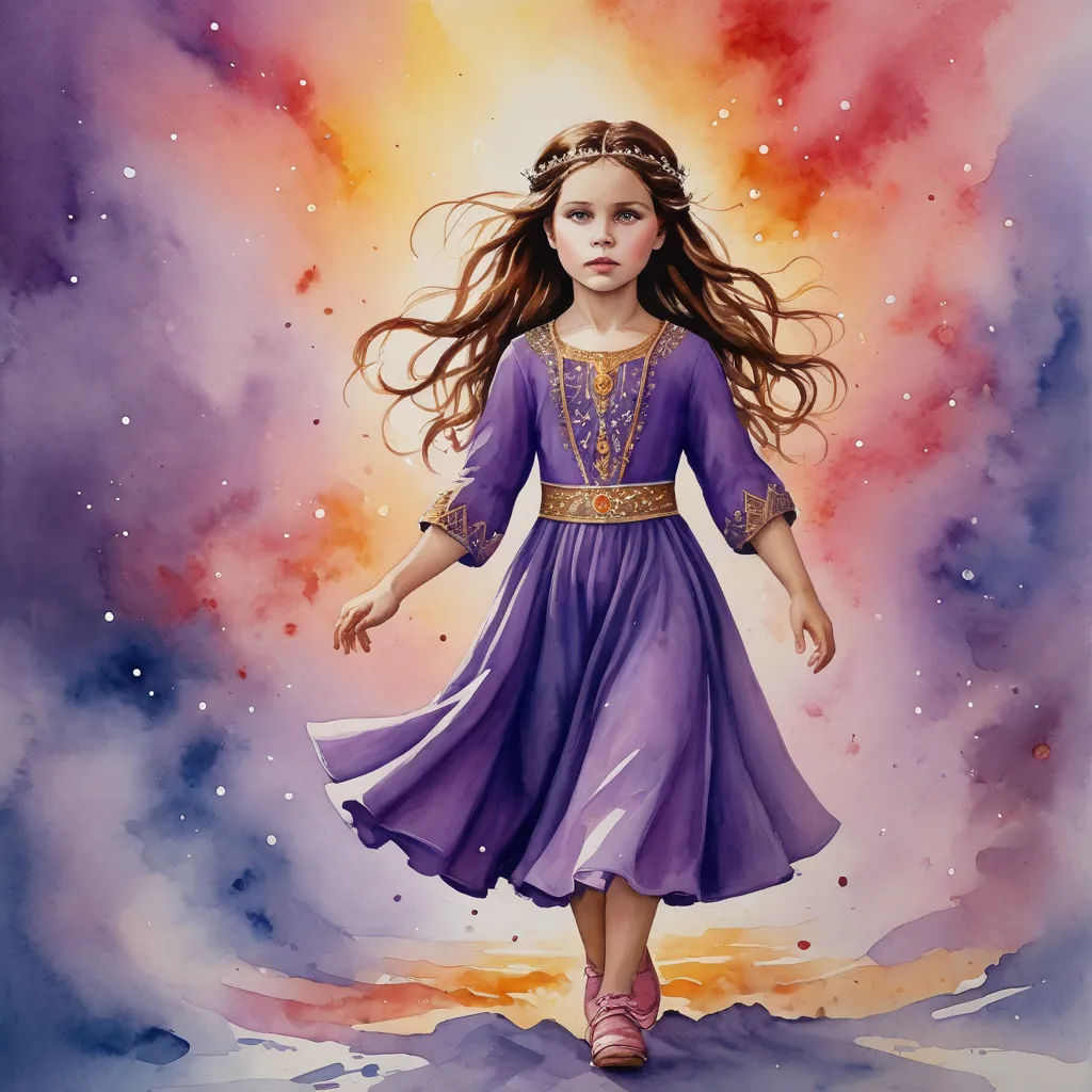 a painting of a girl in a purple dress with a crown on her head and a purple dress with gold trim, fantasy art, a watercolor painting, Elinor Proby Adams, in gouache detailed paintings