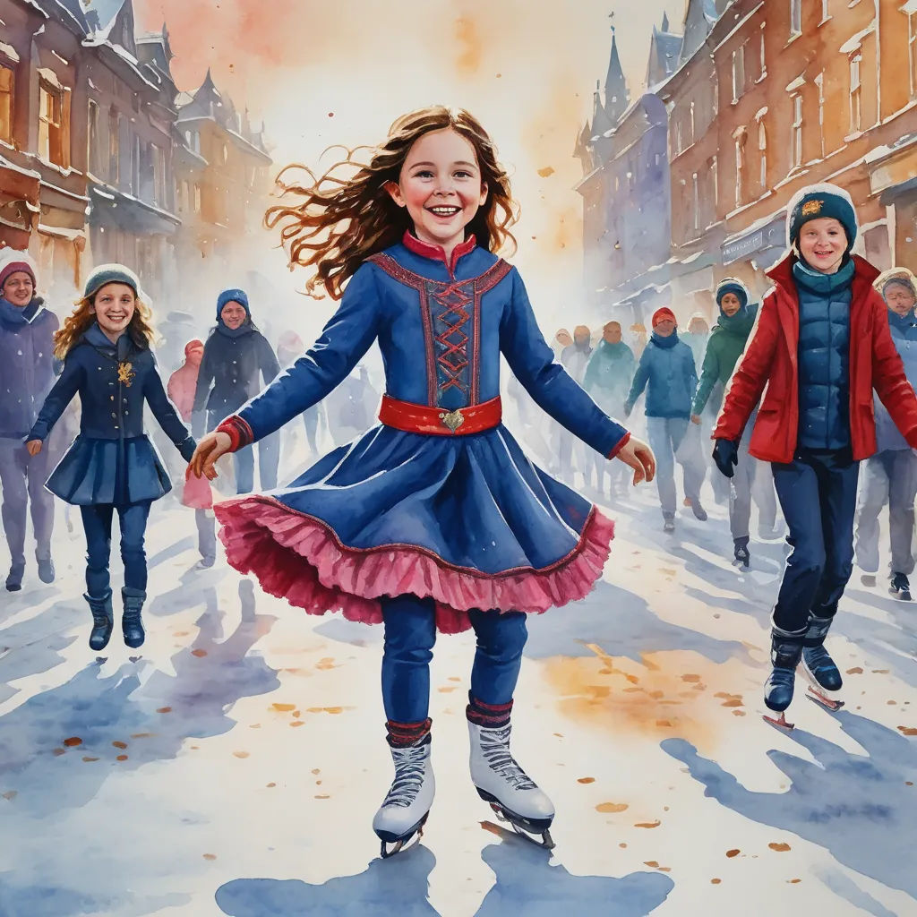 a painting of a girl in a blue dress skating on a street with other people in the background and a fire in the sky, naive art, a detailed painting, Bob Byerley, in gouache detailed paintings