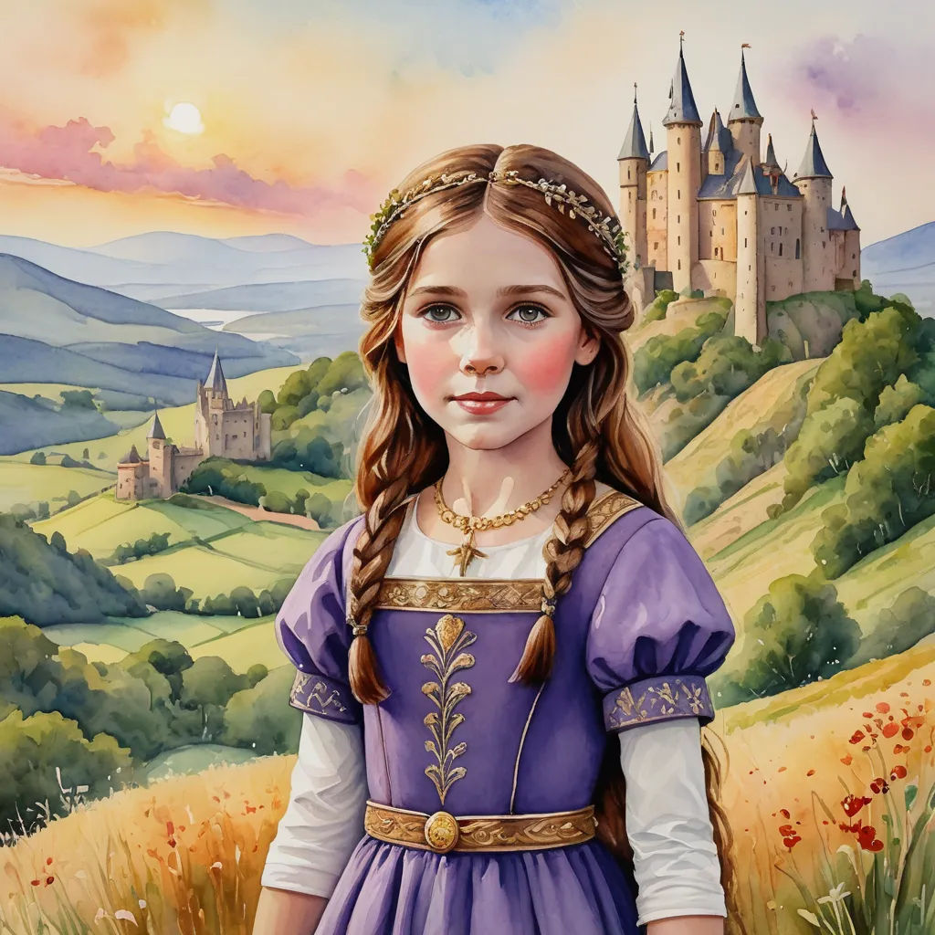 a painting of a little girl in a purple dress standing in front of a castle with a sunset in the background, fantasy art, a storybook illustration, Arthur Hughes, storybook illustration