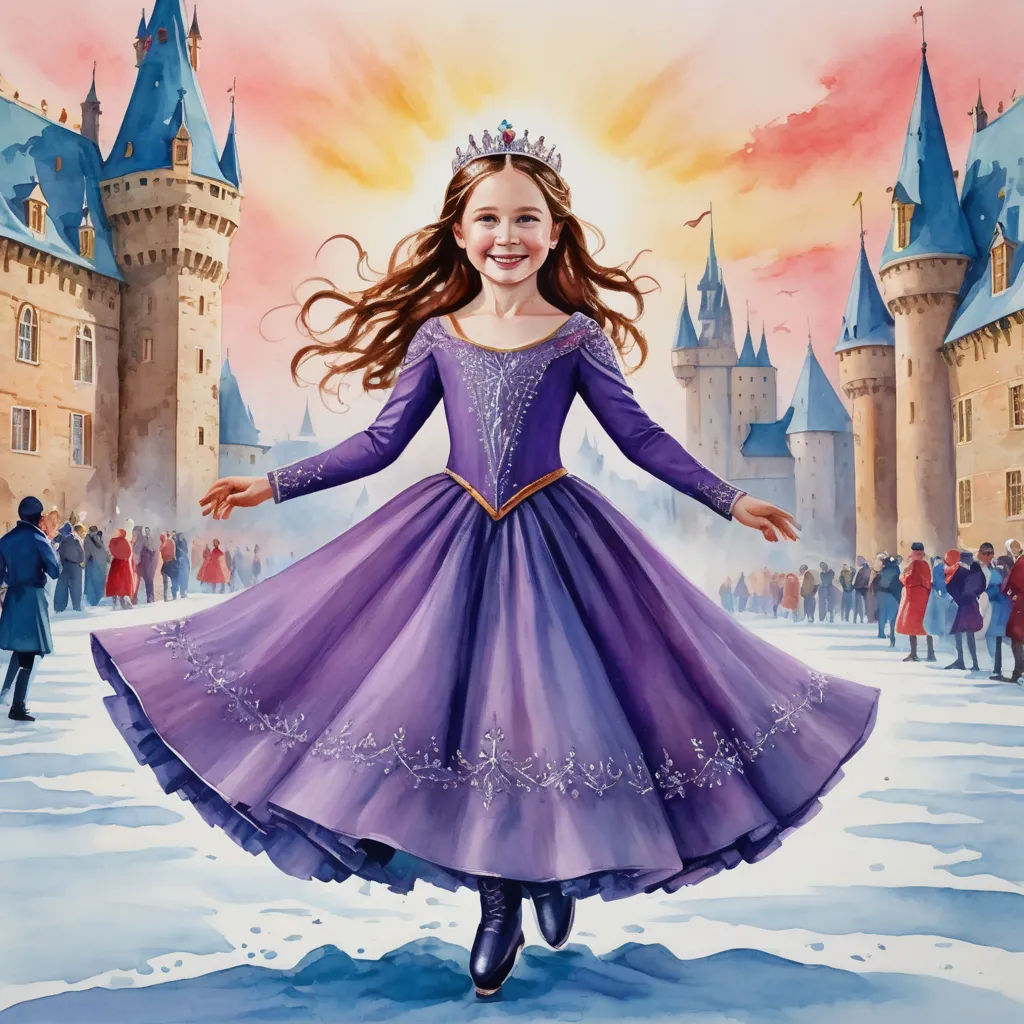a painting of a girl in a purple dress in front of a castle with a princess on it's back, magical realism, a storybook illustration, Drew Struzan, official art