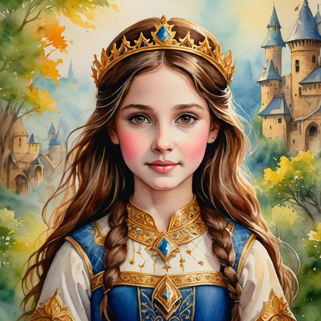 a painting of a girl in a blue dress and a crown on her head, with a castle in the background, fantasy art, a storybook illustration, Arthur Hughes, highly detailed digital painting