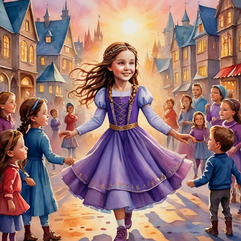 a painting of a girl in a purple dress dancing with children in a street at night with a castle in the background, magical realism, a storybook illustration, Arthur Hughes, storybook illustration
